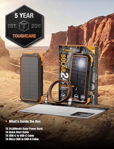 ToughTested 24000mAh Solar Power Bank, LED Flashlight, USB-C Fast Charging