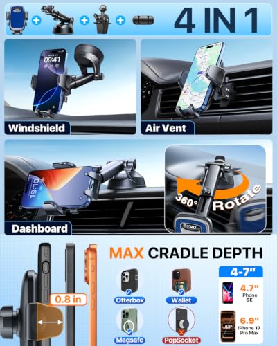 YRU 【2026 Best & Military-Grade】 360° Rotatable Suction Car Phone Holder Mount 【100+LBS Safest Strongest & Patent Certs】 Dashboard Windshield Vent Truck Stand for iPhone 18 17 Pro Max Samsung, Blue - color: Blue