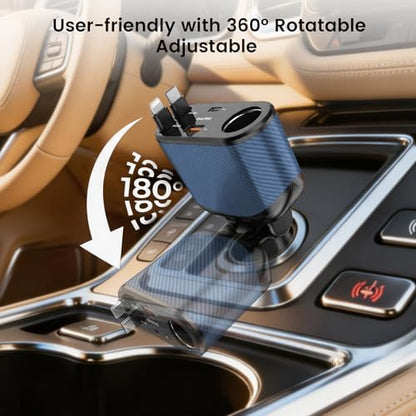 OHLPRO Retractable Car Charger Cigarette Lighter Adapter, 168W 5 in 1 Fast Phone Charging Built-in Replaceable Fuse, Socket Splitter with USB C and USB i Cord, Fit for Phone iPad Galaxy GPS, Blue - size: USB-C+USB-I