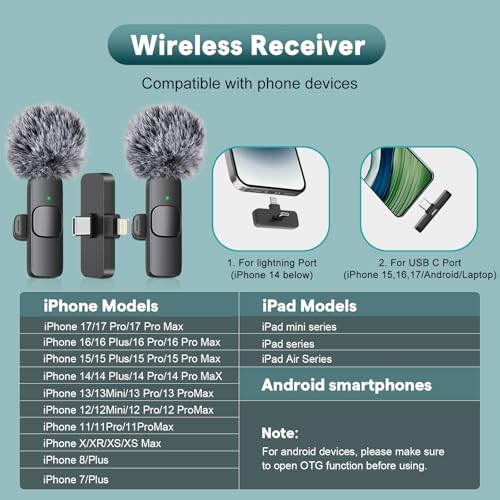 MAYBESTA Wireless Mini Microphone for iPhone, Android Phone - 2 Pack Lavalier Lapel Mic for Audio Video Recording - Clip on Content Creator Microphones for YouTube Tiktok Podcast Vlogging
