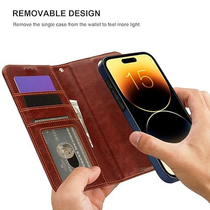 Bocasal Detachable Wallet Case Card Holder for iPhone 15 Pro Max Brown | RFID Blocking Kickstand Card Slots Holder PU Leather Magnetic Shockproof Wrist Strap Removable Flip Protective Cover 6.7 inch - color: Brown