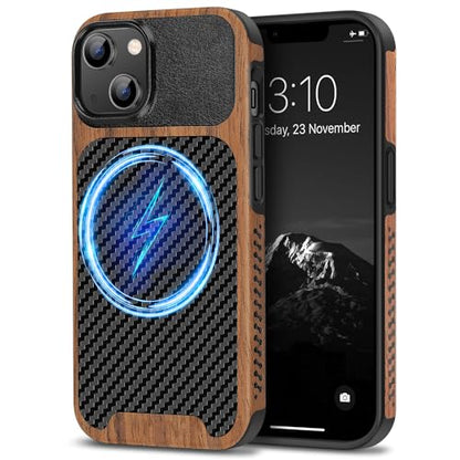 TENDLIN Magnetic Case Compatible with iPhone 14 Plus Case Wood Grain with Carbon Fiber Texture Design Leather Hybrid Slim Cover (Compatible with MagSafe) Black - color: Magnetic Black, size: iPhone 14 Plus