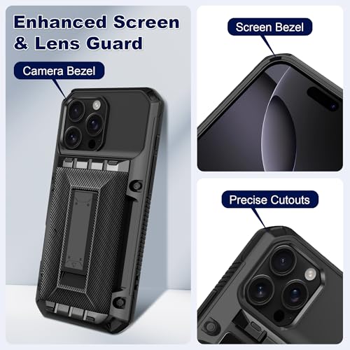 SAMONPOW for iPhone 16 Pro Case with Card Holder [4 Cards] &Kickstand Black - size: for iPhone 16 Pro