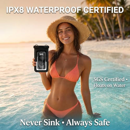 2 Pack IPX8 Floating Waterproof Phone Pouch, Anti-Pop Lock 27.68 Sq in Extra Large Case, Sensitive Touch & Detachable Lanyard, Beach Cruise Essentials for iPhone & Samsung, Black (Black)