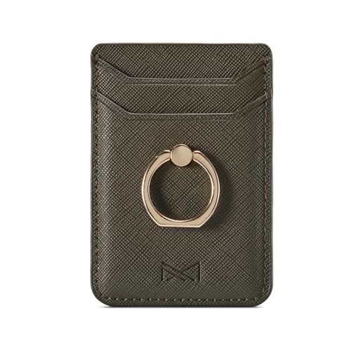 Card Holder Sleeve with Ring, RFID Credit Wallet PU Leather Stick On Back Grip for iPhone Samsung Smartphone - Army Green - color: Army Green