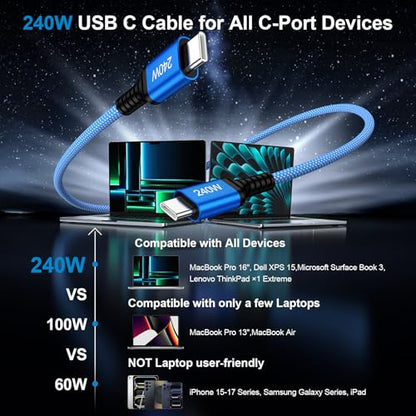 10FT 240W USB C to USB C Cable for iPhone 17e/17 Pro Max/17 Pro/17/16 Pro - color: Blue