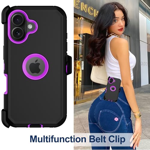 for iPhone 16 Phone Case, Military Grade Drop Protection Cell Phone Cover with Belt Clip Holster Stand, Screen Protector x2 Rugged Shockproof Kickstand for iPhone 16 Case 6.1 inch (Purple) - color: Purple