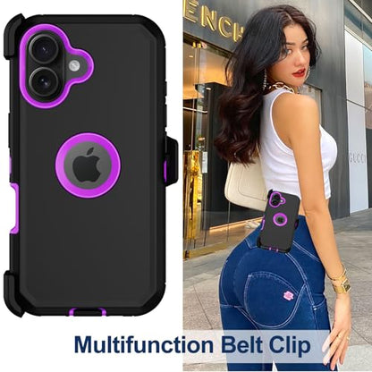 for iPhone 16 Phone Case, Military Grade Drop Protection Cell Phone Cover with Belt Clip Holster Stand, Screen Protector x2 Rugged Shockproof Kickstand for iPhone 16 Case 6.1 inch (Purple) - color: Purple