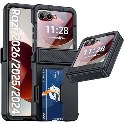 GooseBox for Motorola Razr 2026/Razr 2025 Case Wallet RFID Card Holder&Hinge Protection&HD Screen Protector, Full Body Shockproof Cover for Motorola Razr 2026/Razr 2025/Razr 2024(Black)