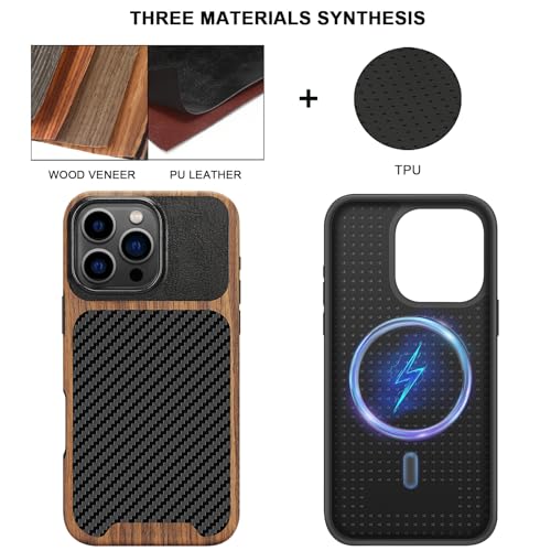 TENDLIN Magnetic Case Compatible with iPhone 16 Pro Phone Case Wood Grain with Carbon Fiber Texture Design Leather Hybrid Slim Case (Compatible with MagSafe) Black - color: Magnetic Black, size: iPhone 16 Pro