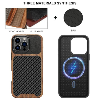 TENDLIN Magnetic Case Compatible with iPhone 16 Pro Phone Case Wood Grain with Carbon Fiber Texture Design Leather Hybrid Slim Case (Compatible with MagSafe) Black - color: Magnetic Black, size: iPhone 16 Pro