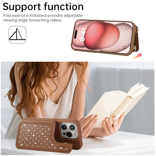 Crossbody Wallet Case for iPhone 12 Pro Max(6.7") with Detachable Strap - PU Leather Flip Folio with Card Slots & RFID Blocking, Sparkling Diamond Accents-Brown - color: Brown, size: iPhone 12 Pro Max(6.7")
