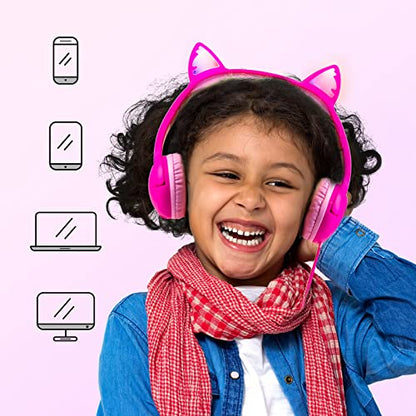 Olyre Kids Wired Headphones with Mic, LED Cat Ears Headset, Dual Audio Jack - color: Rose Red