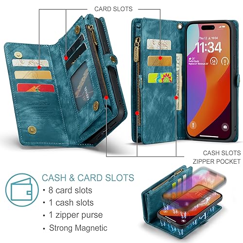 Compatible with iPhone 15 Pro Max Wallet Case with Magsafe,Blue | Magnetic Detachable Case,Card Holder,Zipper Pocket,Strap Wristlet, Soft Leather Drop-Proof Phone Case for iPhone 15 Pro Max - color: Blue, size: iPhone 15 Pro Max 6.7"