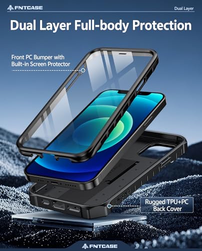 FNTCASE for iPhone 12 Case with Built-in Screen Protector and Kickstand | 20FT Military-Grade Drop Protection, Anti-Slip Matte Textured, Rugged Heavy Duty Shockproof TPU Protective Phone Cover - color: Black
