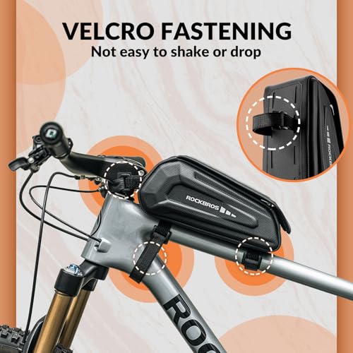 ROCKBROS Bike Phone Bag Top Tube Frame Bag Waterproof Flip-top Design | 3D EVA Hard Shell Mount Holder Bag 1.7L Cycling Pouch Compatible Phones Under 7'' for E-Bike Accessories - color: Black - Hook and Loop