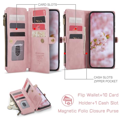 Defencase for Samsung Galaxy A37 5G Wallet Case with Card Holder, Rose Pink | RFID Blocking, Zipper Pocket, Durable PU Leather, Wrist Strap, Fashion Snap Flip Phone Cases Cover with Stand for Women Men - color: Pink
