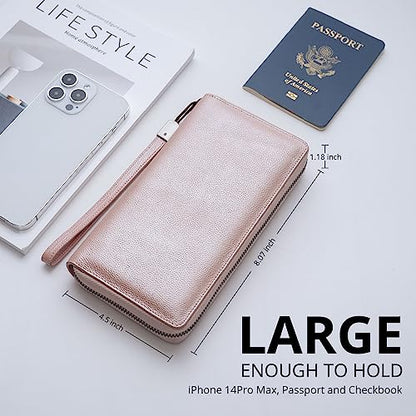 Bveyzi Women RFID Blocking Wallet Leather Zip Around Phone Clutch Large Capacity Ladies Travel Purse Wristlet - color: Rose Gold