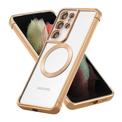 RALEAVO Magnetic Case for Samsung Galaxy S21 Ultra Clear Case Cover [Compatible with Magsafe & Military Grade Drop Protection] Transparent Shockproof Slim Plated Phone Case - Gold - color: Gold, size: S21 Ultra