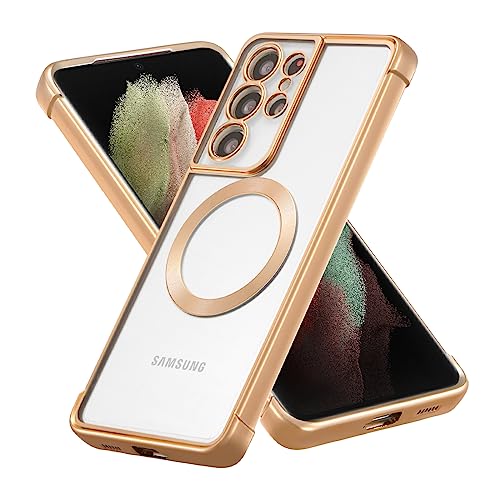 RALEAVO Magnetic Case for Samsung Galaxy S21 Ultra Clear Case Cover [Compatible with Magsafe & Military Grade Drop Protection] Transparent Shockproof Slim Plated Phone Case - Gold - color: Gold, size: S21 Ultra