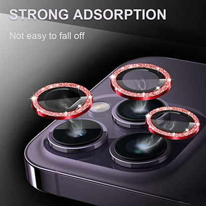 [3+1] Compatible for iPhone 15 Pro ＆ iPhone 15 Pro Max Camera Lens Protector 9H Tempered Glass Camera Cover Metal Individual Ring Full Coverage Camera Lens Protector with Removal Tool (glitter red) - color: glitter red