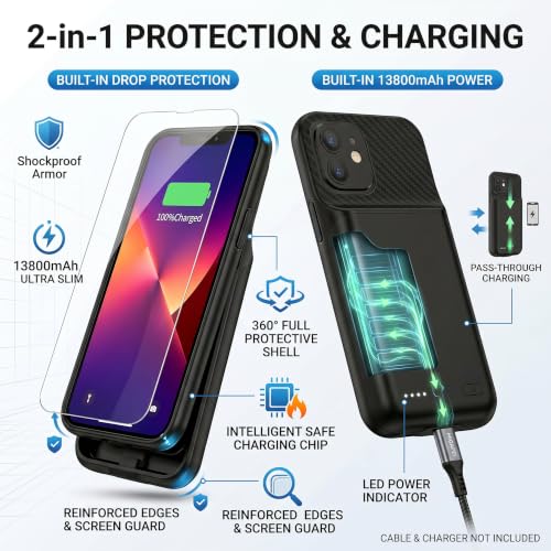 Battery Case for iPhone 13/13Pro/14, 13800 mAh Ultra-Thin Protective Charging case, Portable Rechargeable Expandable Battery Charger, Compatible with iPhone 13/13Pro/14 (6.1 inches), Black