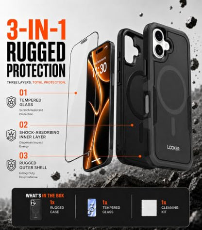 LOOXER® Heavy Duty Rugged Magnetic Case for iPhone 17 (6.3”) | Military Grade Shockproof Protection,MagSafe Compatible+ Tempered Glass Included (Black, 17) - color: Black, size: 17