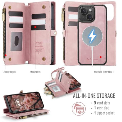 Defencase for iPhone 14 Plus Case Wallet Compatible with Magsafe, Rose Pink | Drop-Proof Magnetic Detachable Phone Cases Cover, with RFID Bolcking Card Holder, Zipper Strap, PU Leather, Removable Wallet - color: (Detachable with Magsafe)-Pink