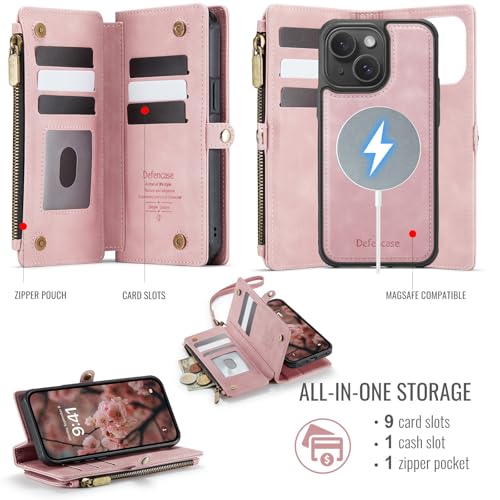 Defencase for iPhone 14 Phone Case Wallet Compatible with Magsafe, Rosepink | Magnetic Detachable, Drop-Proof Protective Wallet Cases Cover, with RFID Bolcking Card Holder, Zipper Strap, Soft PU Leather - color: (Detachable with Magsafe)-Pink