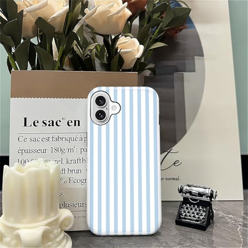 Compatible with iPhone 16 Plus Case,Glossy 2-in-1 Sleek All-Inclusive Dual-Layer Material Soft TPU + PC Back for Blue Stripes Geometric Pastel Summer Beach - color: Blue Stripes Geometric Pastel Summer Beach-Glossy, size: iPhone 16 Plus
