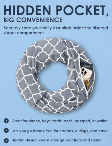 Pop Fashion Quatrefoil Pattern Infinity Scarf for Women - Travel Scarf with Hidden Pocket - All Seasons - color: Grey, size: 24.5 x 9.5