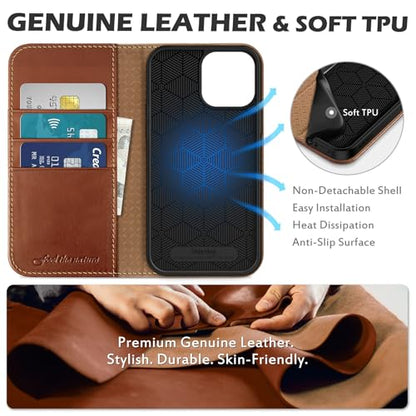 SHIELDON Real Leather Wallet Case for iPhone 13 Pro Max 6.7", Retro Brown | Genuine Leather, Magnetic Closure, RFID Blocking, Credit Card Holder, Kickstand, Flip Design, Shockproof Protective Cover - color: Brown - Retro