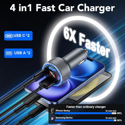 4-Port USB C Car Charger Fast Charging, 78W Metal Car Phone Charger - color: Grey-1Pc
