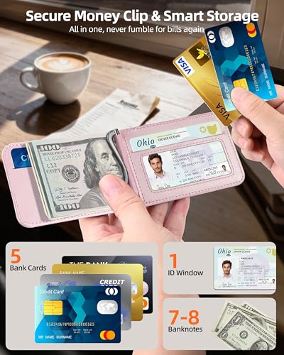 For Magsafe Wallet with Money Clip, 5 Card Holder, Adjustable Stand | Strongest Magnetic Wallet for iPhone 17/16/15/14/13/12 Series, ID Window, RFID Blocking, Not for 13/12 Mini, Pearl Pink - color: Pearl Pink