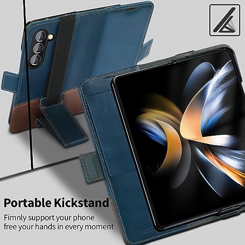 KEZiHOME Genuine Leather Wallet Case for Samsung Galaxy Z Fold 6 - color: Royal Blue Brown, size: Galaxy Z Fold 6 Case
