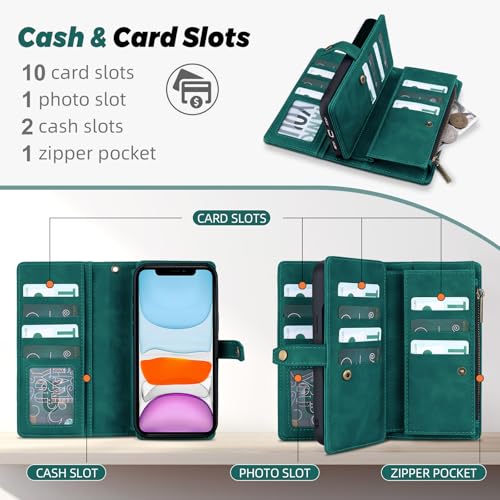TwoHead for iPhone 11 Wallet case with 11 Card Holder (Green) | Detachable Magnetic Phone Case, PU Leather Wallet for Women/Men,Wireless Charging Compatible,with Wrist Strap - color: Green
