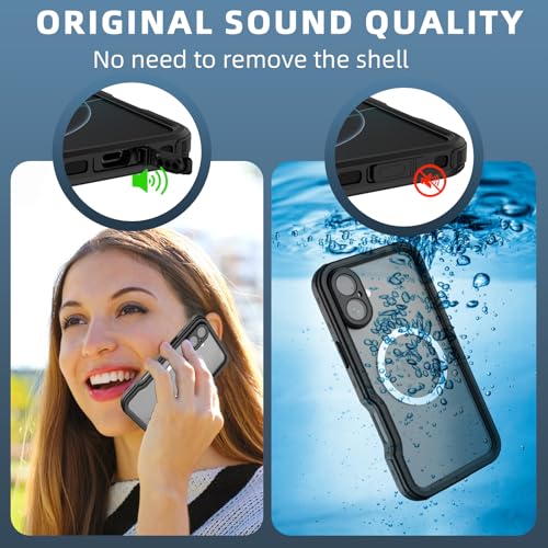 Waterproof Clear Case for iPhone16 Plus, IP68 Magnetic DropProof, BlackSide - size: iPhone 16 Plus 6.7 inch