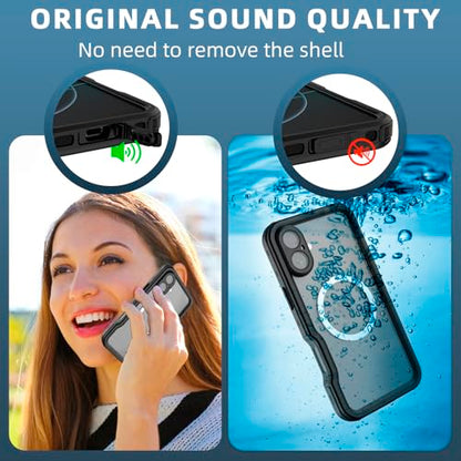 Waterproof Clear Case for iPhone16 Plus, IP68 Magnetic DropProof, BlackSide - size: iPhone 16 Plus 6.7 inch
