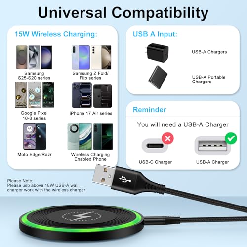 for Samsung S25 FE Wireless Charger Pad Fast Charging for Samsung Galaxy S25 Ultra Edge Plus Z Fold 7 Flip 7 6 S24 S23 S22 S21, 15W Wireless Charging Pad Android Phone Charger Mat for iPhone 17 Air 16 - color: Black