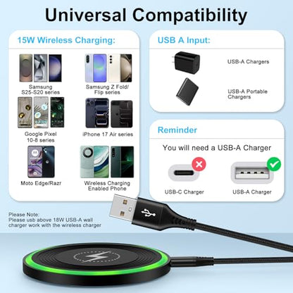 for Samsung S25 FE Wireless Charger Pad Fast Charging for Samsung Galaxy S25 Ultra Edge Plus Z Fold 7 Flip 7 6 S24 S23 S22 S21, 15W Wireless Charging Pad Android Phone Charger Mat for iPhone 17 Air 16 - color: Black