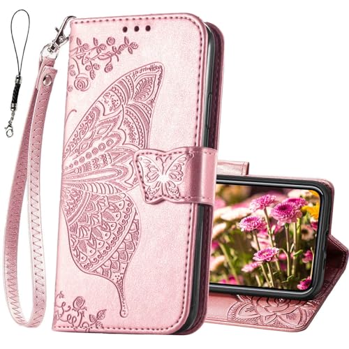 for iPhone 12 Pro/iPhone 12 Wallet Case,Women Flip Folio Cover with Butterfly Embossed PU Leather Kickstand Credit Card Holder Slots Wrist Strap for iPhone 12/12 Pro 6.1 inch (Rose Gold) - color: Rose Gold