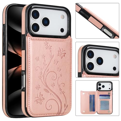 for iPhone Case,Retro Slim PU Leather Flower Butterfly Pattern Wallet,Card Holder Slots Full Body Military Grade Protection Soft Shockproof Phone Case (iPhone 17 Pro,Green) - color: Green, size: iPhone 17 Pro