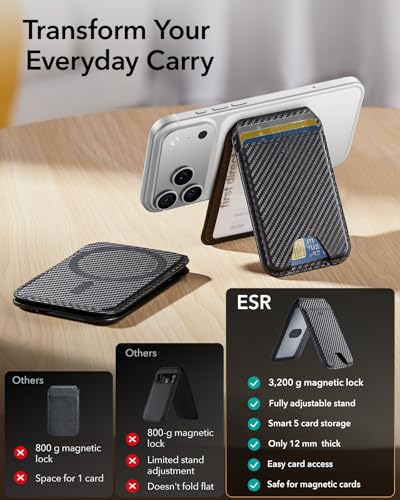 ESR for MagSafe Wallet with Adjustable Stand, 5 Card Holder | RFID Blocking, MagSafe Ring Included, Magnetic Wallet for iPhone 17 17e 16 15 14 13 12, Selected Samsung, Black Carbon Fiber - color: Black Carbon Fiber