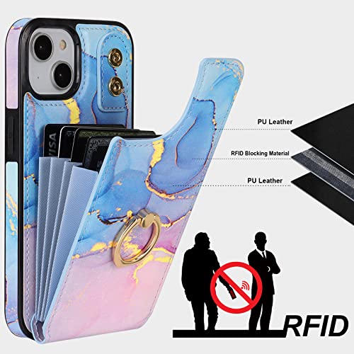 HAOPINSH for iPhone 13/ iPhone 14 Wallet Case with Card Holder, 360°Rotation Ring Kickstand, Pink Blue Marble Pattern, RFID Blocking Leather for Girls Women, Double Buttons Protective Cover 6.1" - color: Pink Blue Marble
