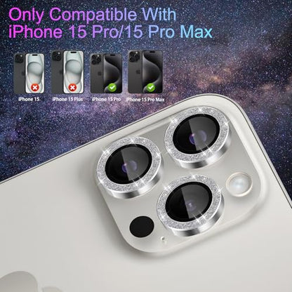 Camera Lens Protector for iPhone 15 Pro/15 Pro Max, Glitter Silver - color: Glitter Silver