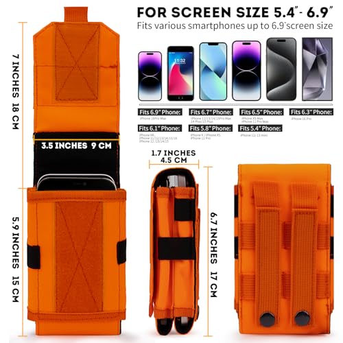 Dual Tactical Phone Pouch Molle Phone Holster Double Capacity Holder Universal Utility EDC Pouch for iPhone 17 Pro Max/17 Pro/16 Pro Max/16 Pro/15 Pro Max/15 - color: Orange