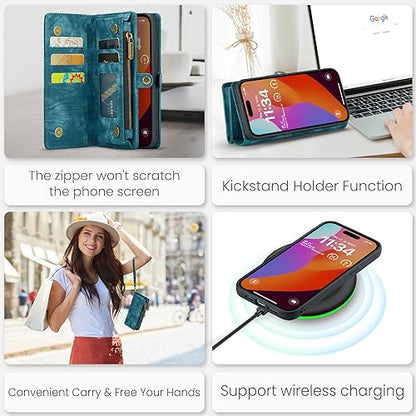 Compatible with iPhone 15 Pro Wallet Case with Magsafe,Blue | Magnetic Detachable Case,Card Holder,Zipper Pocket,Strap Wristlet, Soft Leather Drop-Proof Phone Case for iPhone 15 Pro - color: Blue, size: iPhone 15 Pro 6.1"