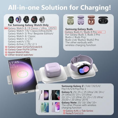 Travel Charger for Samsung Multi Devices, Foldable 3 in 1 Wireless Charging Station Fast Charging Stand/Pad Compatible for Samsung Galaxy S26/S25/S24/S23/Note20 Galaxy Watch8/7/6/Galaxy Buds4(White - color: white