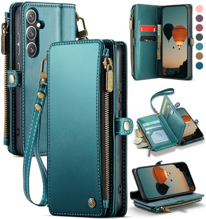 Defencase for Samsung Galaxy S24 Wallet Case with RFID Card Holder, Green | Durable Soft PU Leather, with Zipper Pocket, Wrist Strap, Fashion Snap Flip S24 Phone Cases Cover with Stand for Women Men - color: Blue Green
