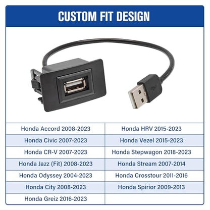 Anina USB Port Car Charger for Honda, Male to Female USB Power Socket Adapter, Panel Flush Mount Extension Cable for Civic CRV Accord Jazz Odyssey, Square Vehicle Dash Port Kit (44 * 26mm)
